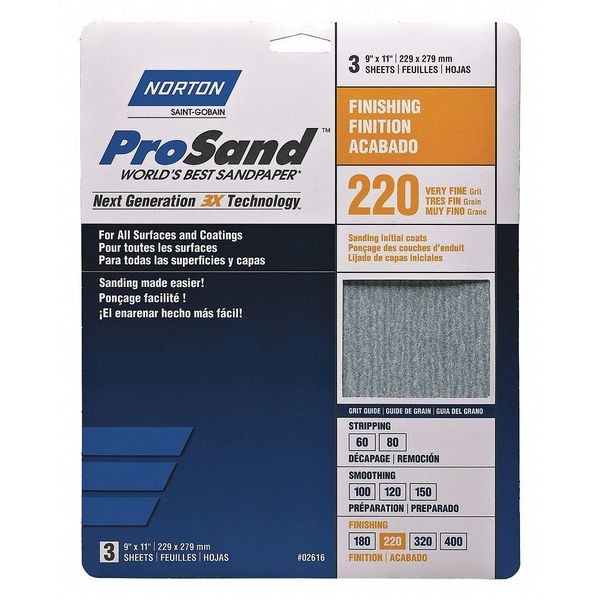 Norton Abrasives Sandpaper Sheet, Very Fine, 220 Grit, PK3 - 07660768158