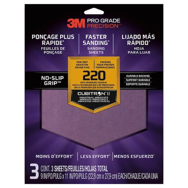 3M 9" x 11" Pro Grade Precision No-Slip Grip Sanding Sheet 220-Grit 3-Pk - 26220 TRI-3