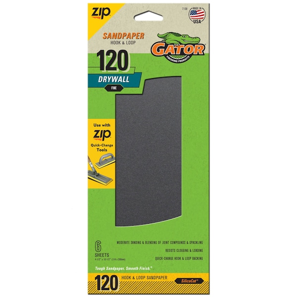 Gator Finishing Zip SilicaCut Drywall Hook and Loop Sandpaper Sheets, 120 Fine Grit - 7158
