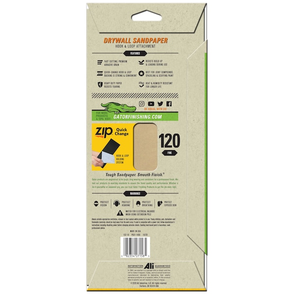 Gator Finishing Zip SilicaCut Drywall Hook and Loop Sandpaper Sheets, 120 Fine Grit - 7158