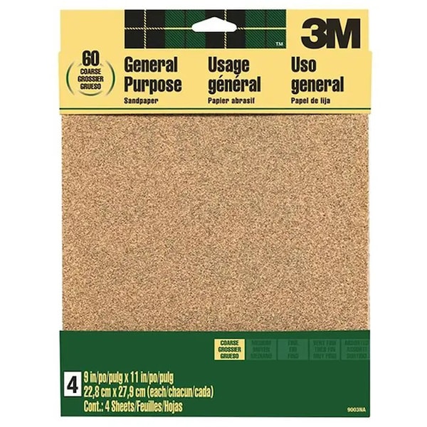 3M 9" x 11" Sand-Pak Production Sanding Sheet, 60-Grit Coarse, PK 4 - 9003