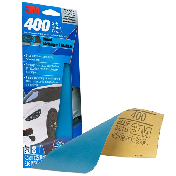 3M Blue Sandpaper, 3 2/3 in X 9 in, 400 G, 8 Sheet/Pack, 20PK - 31579-8