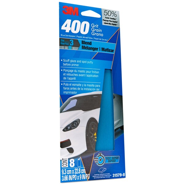 3M Blue Sandpaper, 3 2/3 in X 9 in, 400 G, 8 Sheet/Pack, 20PK - 31579-8