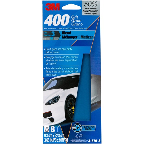 3M Blue Sandpaper, 3 2/3 in X 9 in, 400 G, 8 Sheet/Pack, 20PK - 31579-8
