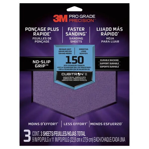 3M 9" x 11" Pro Grade Precision No-Slip Grip Sanding Sheet 150-Grit 3-Pk - 26150 TRI-3