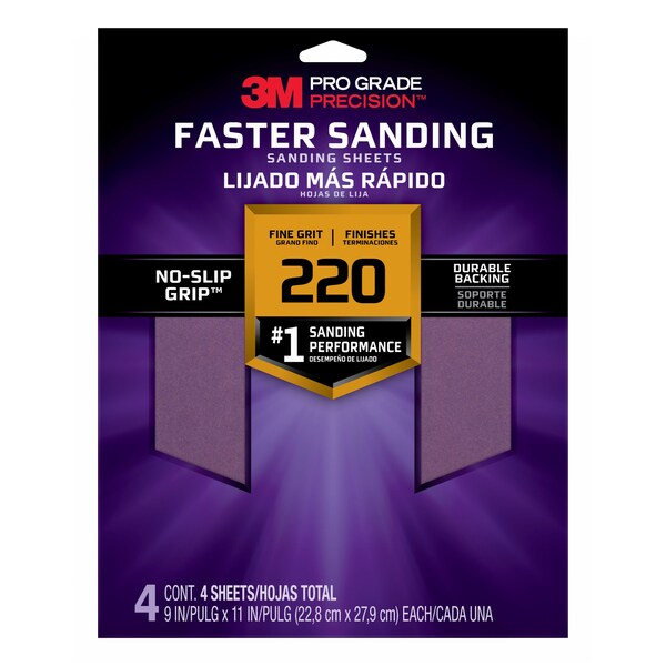 3M Sandpaper Sheet, 220 Grit, 9"W, PK4 - SHR220-PGP-4T