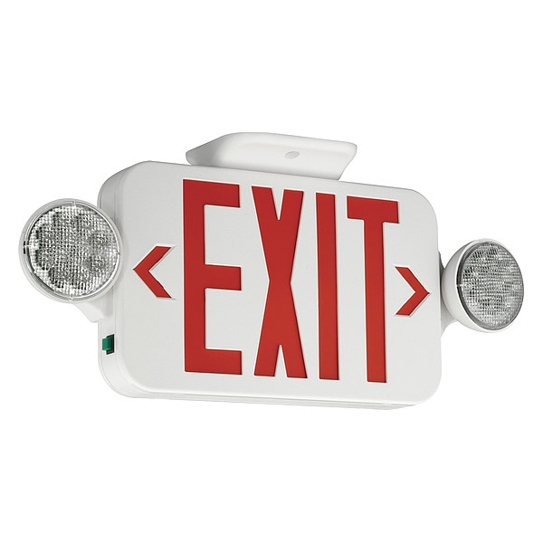 Compass Exit Sign with Emergency Lights, 7 1/4 in H x 18 in W, LED, Flush Mount, 2 Lamp Heads, White/Red - CCR