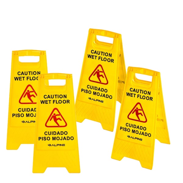 Alpine Industries Caution Wet Floor Sign, 24 Inch, High-Vis Yellow, Bilingual, Polypropylene, Pack of 4 - ALP499-4PK