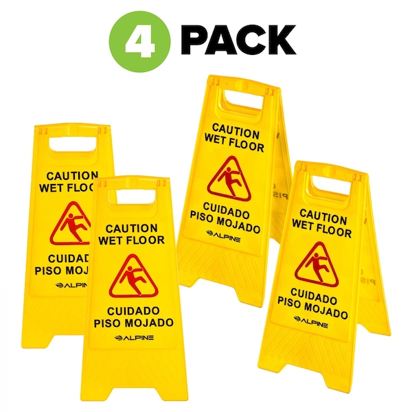 Alpine Industries Caution Wet Floor Sign, 24 Inch, High-Vis Yellow, Bilingual, Polypropylene, Pack of 4 - ALP499-4PK