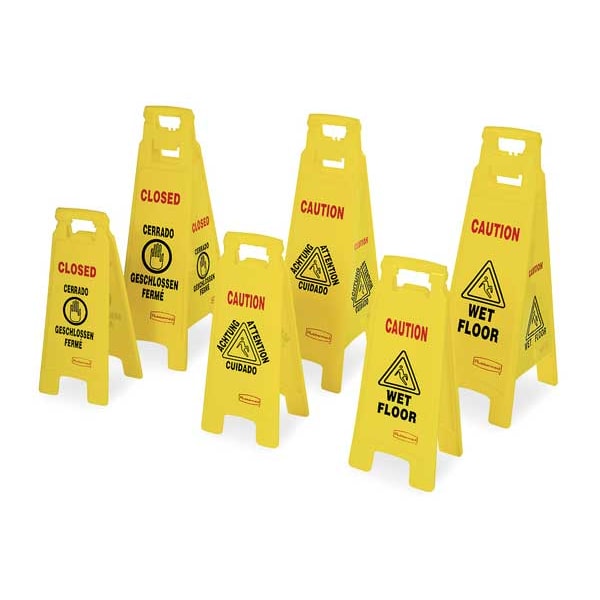 Rubbermaid Commercial Floor Safety Sign, HDPE, Caution Wet Floor, 25 in H, 11 in W, Not Retroflective, Yellow - FG611277YEL