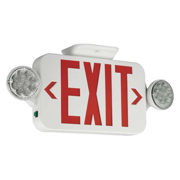Compass Exit Sign with Emergency Lights, 7 1/4 in H x 18 in W, White/Red, 2 Faces, Wall/Ceiling Mounting - CCRRC