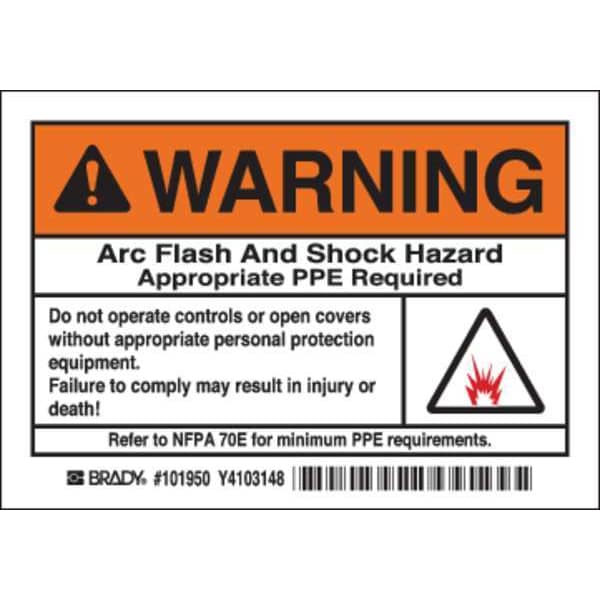 Brady Arc Flash Protection Label, 3 1/2 in Height, 5 in Width, Polyester, Horizontal Rectangle, English - 101950
