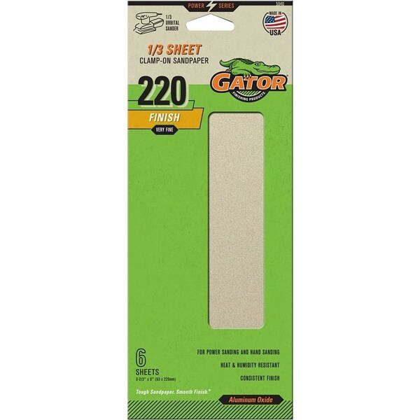 Gator Sanding Sheet, 3-2/3 in W, 9 in L, 220 Grit, Extra Fine, Aluminum Oxide Abrasive, Paper Backing - 5040