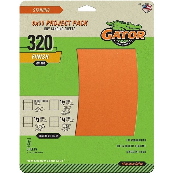 Gator Sanding Sheet, 11 in L, 9 in W, Very Fine, 320 Grit, Garnet Abrasive, Paper Backing - 4466