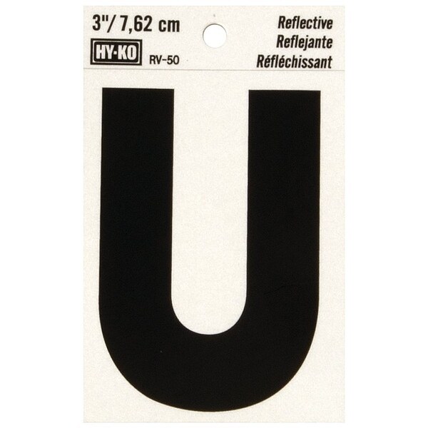 Hy-Ko Reflective Letter, Character: U, 3 in H Character, Black Character, Silver Background, Vinyl - RV-50/U