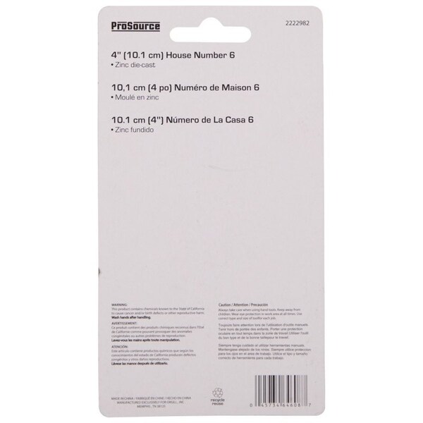 Prosource House Number, Character: 6, 4 in H Character, 2.28 in W Character - N-016-PS