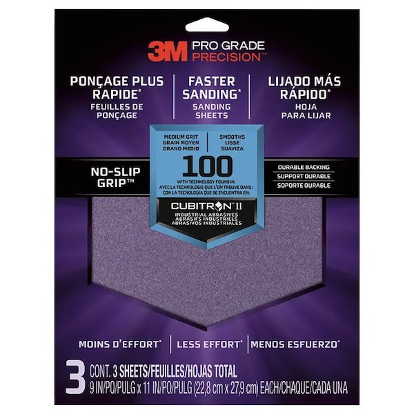 3M 9" x 11" Pro Grade Precision No-Slip Grip Sanding Sheet 100-Grit 3-Pk - 26100 TRI-3