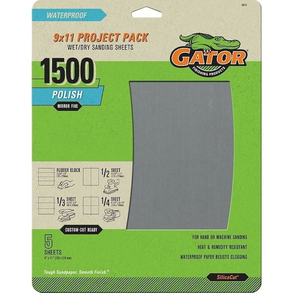 Gator Sanding Sheet, 9 in L, 11 in W, 1500 Grit, Fine, Silicone Carbide Abrasive - 4470