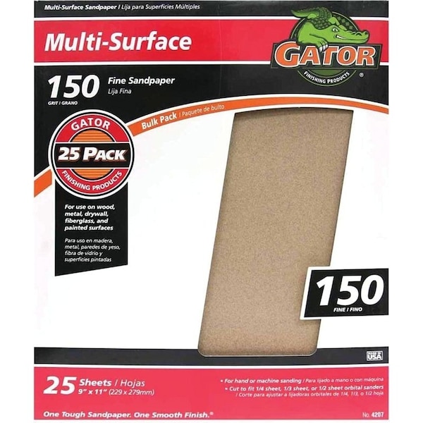 Gator Sanding Sheet, 11 in L, 9 in W, 150 Grit, Fine, Aluminum Oxide Abrasive - 3262