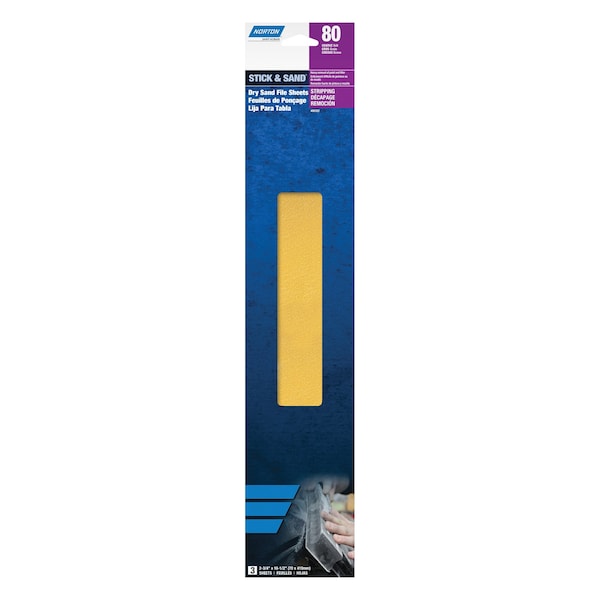 Norton Abrasives Stick & Sand Paper PSA File Strip H290 Aluminum Oxide P80 Grit, 3PK - 7660700322