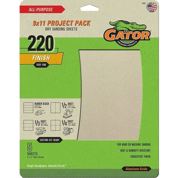 Gator Sanding Sheet, 11 in L, 9 in W, 220 Grit, Extra Fine, Aluminum Oxide Abrasive - 4443
