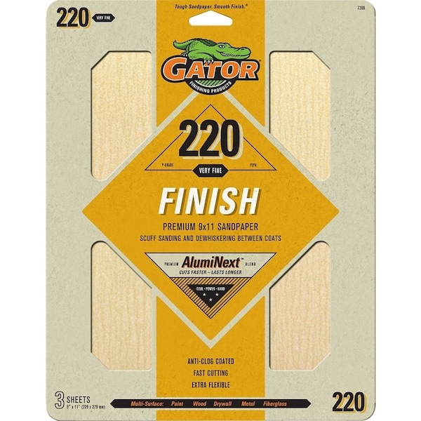 Gator Sanding Sheet, 11 in L, 9 in W, 220 Grit, Extra Fine, Aluminum Oxide Abrasive - 7266