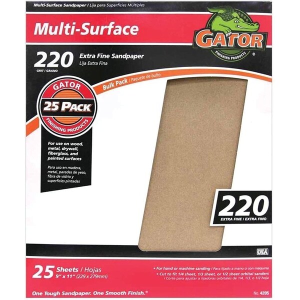 Gator 3260 Sanding Sheet, 11 in L, 9 in W, 220 Grit, Extra Fine, Aluminum Oxide Abrasive - 4205