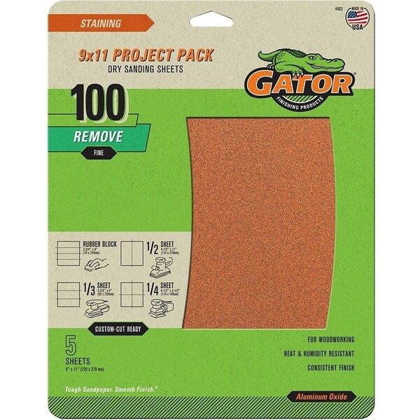 Gator Sanding Sheet, 11 in L, 9 in W, Medium, 100 Grit, Garnet Abrasive, Paper Backing - 4463