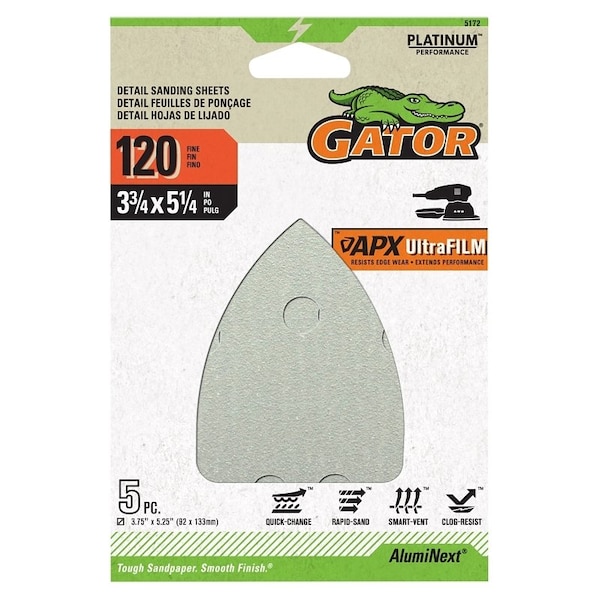 Gator Mouse Sander Abrasive Sheet, 5-1/4 in L, 3-3/4 in W, Fine, 120 Grit, Aluminum Oxide Abrasive - 5172