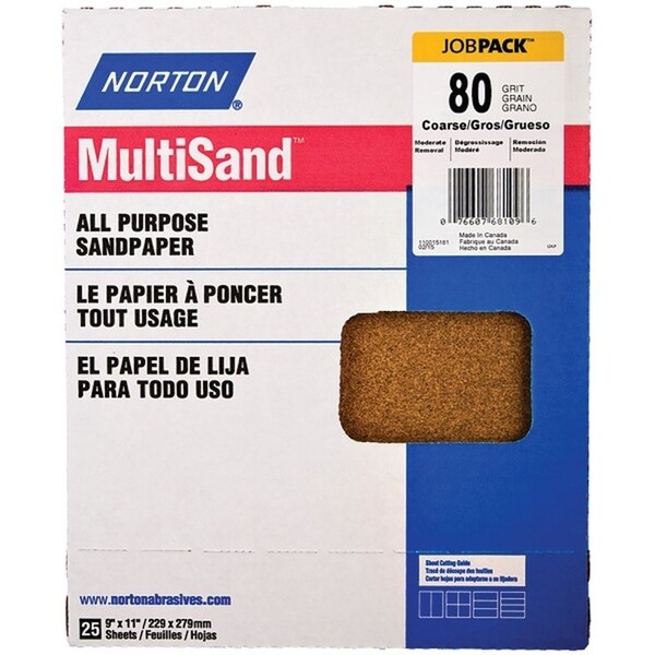 Norton Co MultiSand 076607 Sanding Sheet, 11 in L, 9 in W, Coarse, 80 Grit, Aluminum Oxide Abrasive - 68109