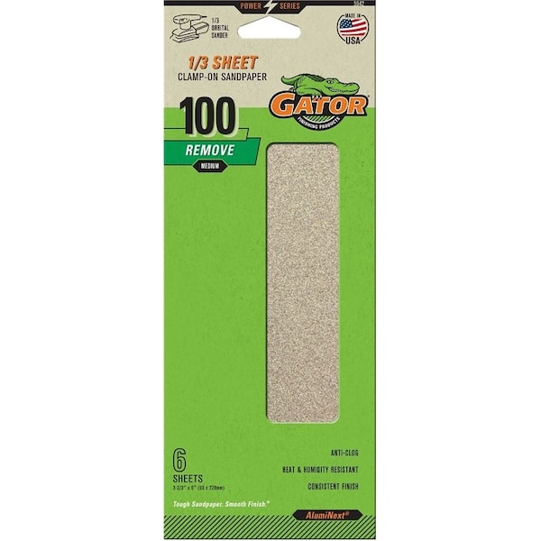 Gator Sanding Sheet, 3-2/3 in W, 9 in L, 100 Grit, Medium, Aluminum Oxide Abrasive, Paper Backing - 5042