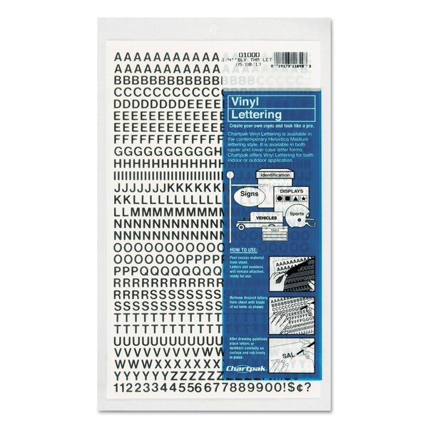 Chartpak Press-On Vinyl Letters and Numbers, Self Adhesive, Black, 1/4"h, 610PK - CHA01000