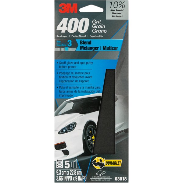 3M Wetordry Sandpaper 03018, 3-2/3 in x 9 in, 400 Grit, 5/Pack, 20PK - 3018