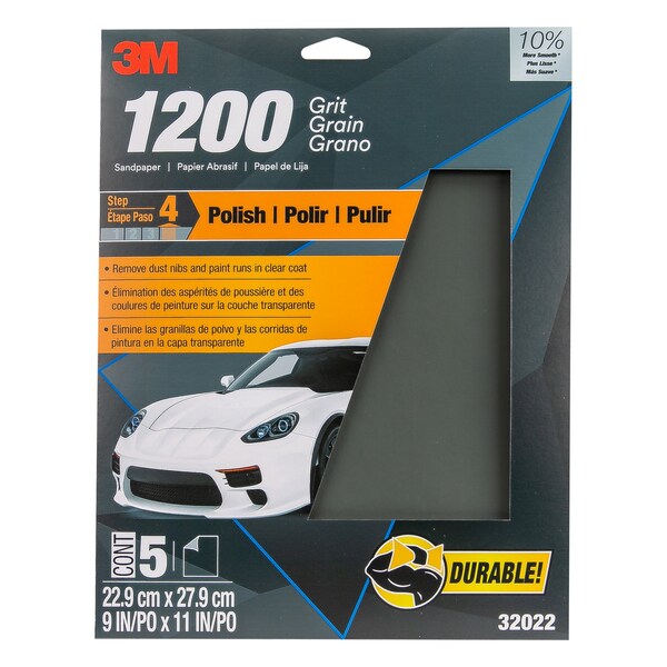 3M 3M Sandpaper, 9 in x 11 in, 1200 Grit, 5 sheets per pack, 20 packs per case, 20PK - 32022