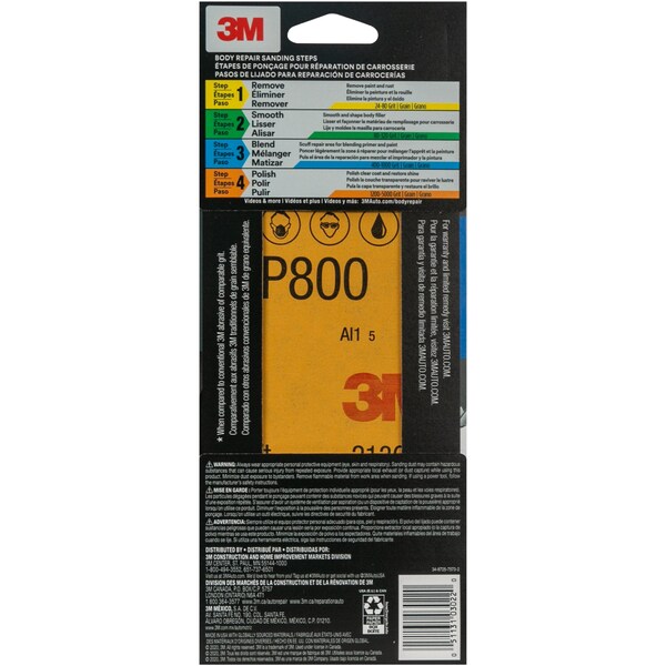 3M Wetordry Sandpaper 03022, 3-2/3 in x 9 in, 800 Grit, 5/Pack, 20PK - 3022