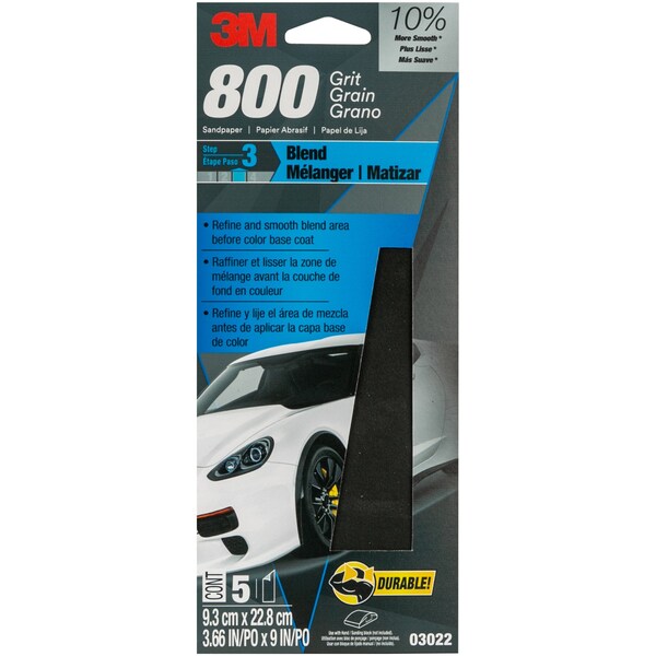 3M Wetordry Sandpaper 03022, 3-2/3 in x 9 in, 800 Grit, 5/Pack, 20PK - 3022