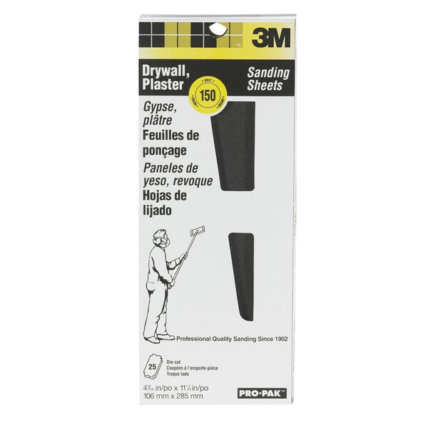 3M Drywall Sanding Sheet, 4 3/16 in x 11 1/4 in, 150 Grit, 25 shts/pk, 10PK - 99431NA