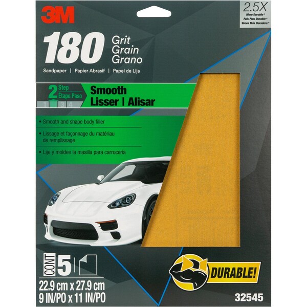3M Sandpaper, 180 Grit, 9 in x 11 in, 20 per case, 20PK - 32545