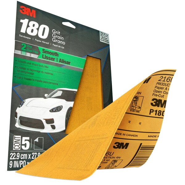 3M Sandpaper, 180 Grit, 9 in x 11 in, 20 per case, 20PK - 32545