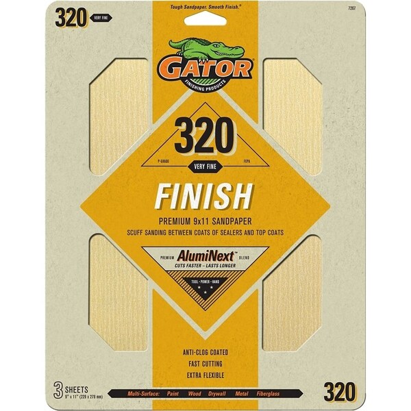 Gator Sanding Sheet, 11 in L, 9 in W, 320 Grit, Very Fine, Aluminum Oxide Abrasive - 7267