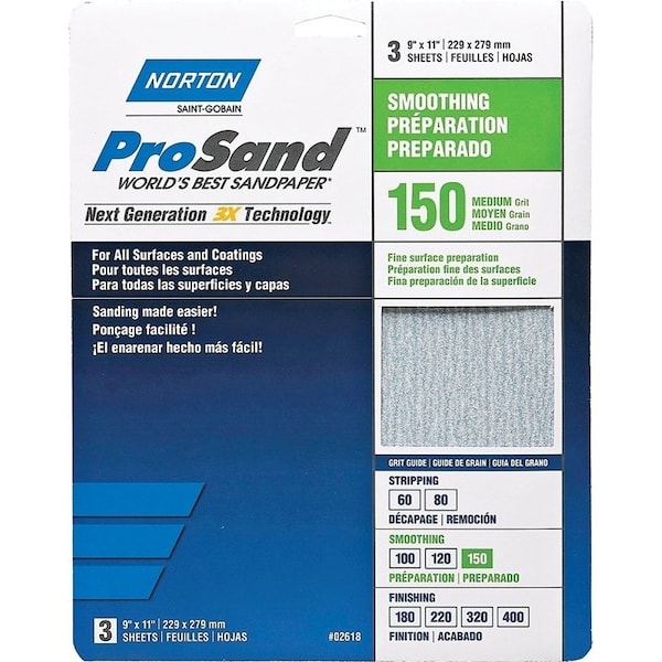 Norton Co ProSand 07660768160 Sanding Sheet, 11 in L, 9 in W, Medium, 150 Grit, Aluminum Oxide Abrasive - 2618