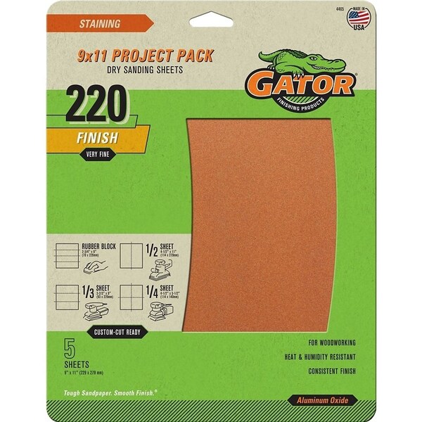 Gator Sanding Sheet, 11 in L, 9 in W, Extra Fine, 220 Grit, Garnet Abrasive, Paper Backing - 4465