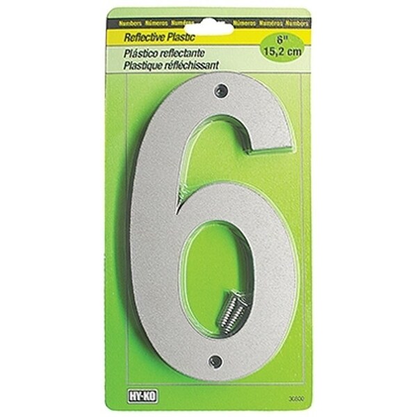 Hy-Ko 30800 Series Reflective Sign, Character 6, 6 in H Character, BlackSilver Character, Plastic - 30806