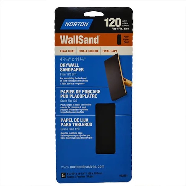 Norton Co 4-3/16" x 11-1/4" WallSand Die-Cut Drywall Sanding Sheets 120-Grit 5Pk - 02299