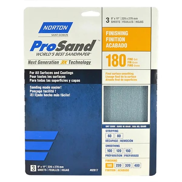 Norton Co 9" x 11" ProSand Sanding Sheet 180-Grit, PK 3 - 02617