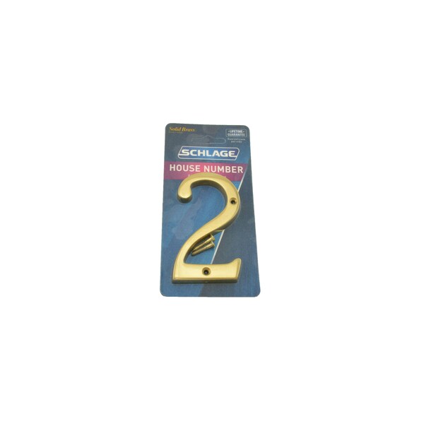 Schlage Residential Solid Brass Carded Classic House Number 2 Bright Brass Finish - SC23026605
