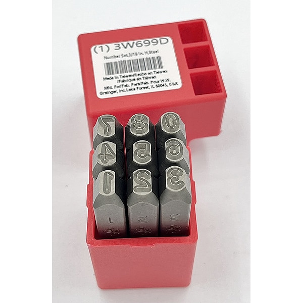 Zoro Select Number Set, 3/16 In. H, Steel - 3W699