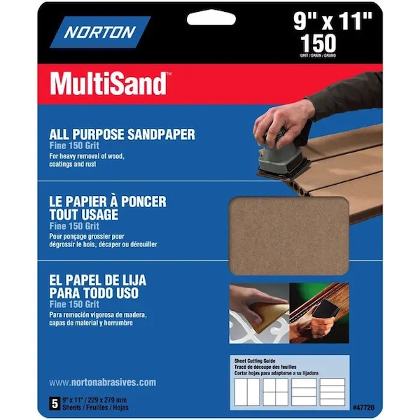 Norton Co 9" x 11" MultiSand All Purpose Sanding Sheet 150-Grit, PK 5 - 47720