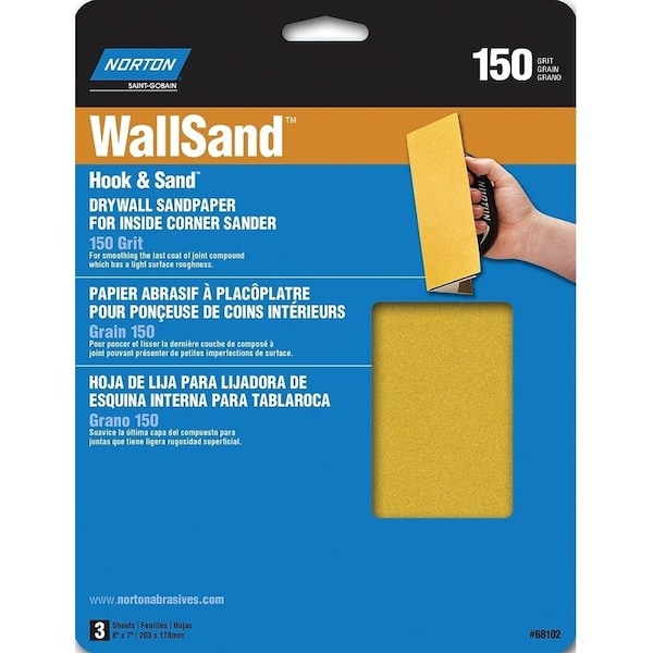 Norton Co Corner Sandpaper, 8 in L, 7 in W, P150 Grit, Fine, Aluminum Oxide Abrasive - 68102