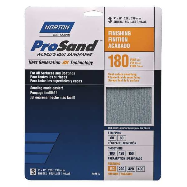 Norton Abrasives Sandpaper Sheet, Fine, 180 Grit, PK3 - 07660768159